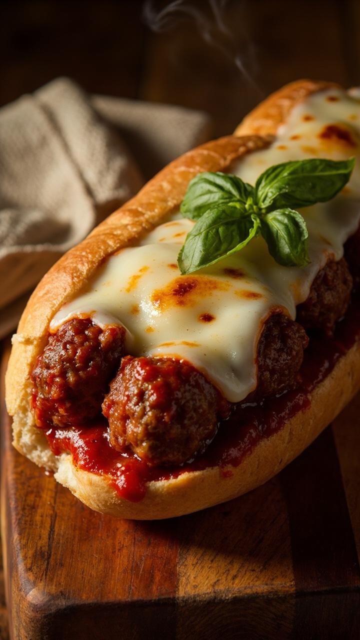 Toasted hoagie roll hugging round browned meatballs topped with melted mozzarella and glossy red marinara, a few basil leaves on top, placed on a warm wooden board with a folded linen napkin Toasted hoagie roll hugging round browned meatballs topped with melted mozzarella and glossy red marinara, a few basil leaves on top, placed on a warm wooden board with a folded linen napkin