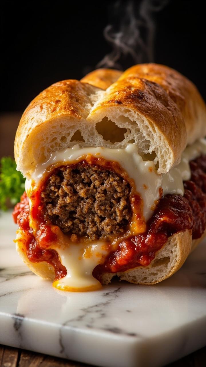 Cross section of a hoagie showing a sliced meatball with melted white mozzarella inside, marinara seeping around, toasted roll edges, small sprig of parsley on the side, served on a marble slab Cross section of a hoagie showing a sliced meatball with melted white mozzarella inside, marinara seeping around, toasted roll edges, small sprig of parsley on the side, served on a marble slab