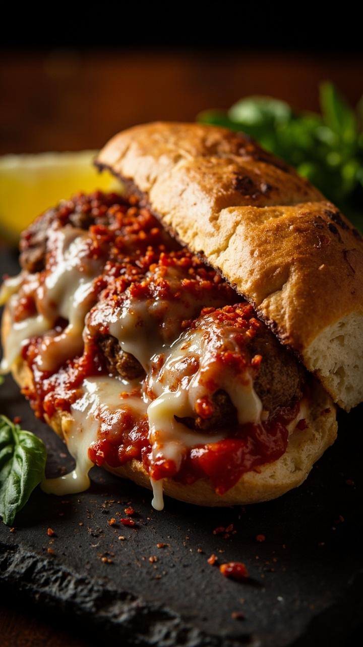 Toasted roll filled with glossy red arrabbiata sauce and meatballs sprinkled with red pepper flakes, slices of provolone melting over the top, a lemon wedge and small basil sprig nearby on a dark board Toasted roll filled with glossy red arrabbiata sauce and meatballs sprinkled with red pepper flakes, slices of provolone melting over the top, a lemon wedge and small basil sprig nearby on a dark board