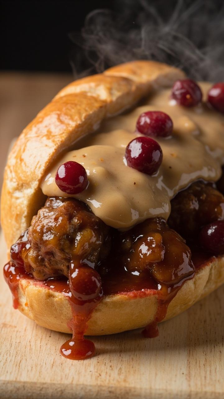 Split roll filled with golden brown small meatballs glazed in amber lingonberry sauce, dollops of creamy beige gravy on top, a few whole lingonberries scattered, served on a pale wooden board Split roll filled with golden brown small meatballs glazed in amber lingonberry sauce, dollops of creamy beige gravy on top, a few whole lingonberries scattered, served on a pale wooden board