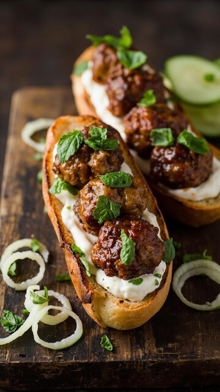 Toasted baguette halves filled with golden turkey meatballs, dollops of creamy white tzatziki, scattered mint leaves, thin cucumber ribbons on the side, presented on a rustic board Toasted baguette halves filled with golden turkey meatballs, dollops of creamy white tzatziki, scattered mint leaves, thin cucumber ribbons on the side, presented on a rustic board