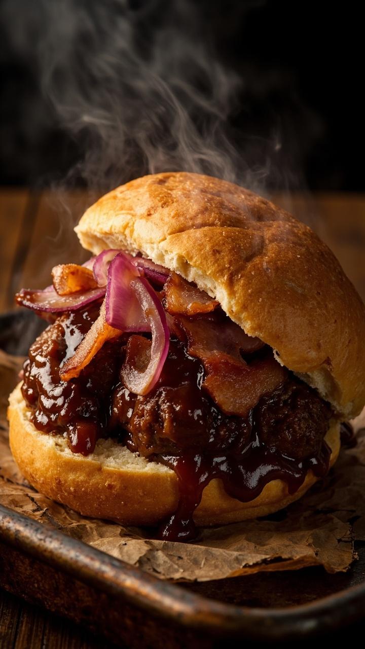 Split roll loaded with saucy meatballs glazed in dark barbecue sauce, crispy bacon pieces sprinkled on top, a few rings of thin red onion, served on a grill style metal tray with a paper liner Split roll loaded with saucy meatballs glazed in dark barbecue sauce, crispy bacon pieces sprinkled on top, a few rings of thin red onion, served on a grill style metal tray with a paper liner