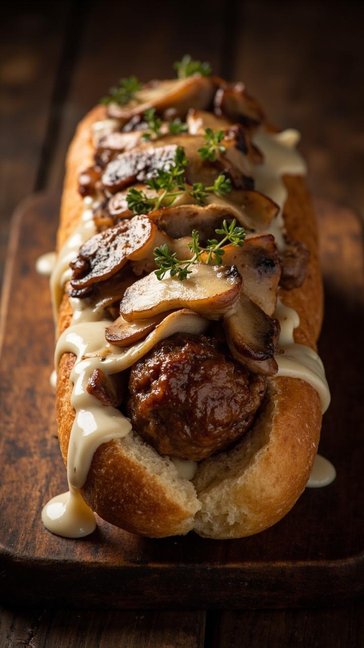 Toasted sub roll filled with meatballs topped with glossy sautéed mushroom slices and melted pale Swiss cheese, a few sprigs of thyme, served on a dark wooden board Toasted sub roll filled with meatballs topped with glossy sautéed mushroom slices and melted pale Swiss cheese, a few sprigs of thyme, served on a dark wooden board