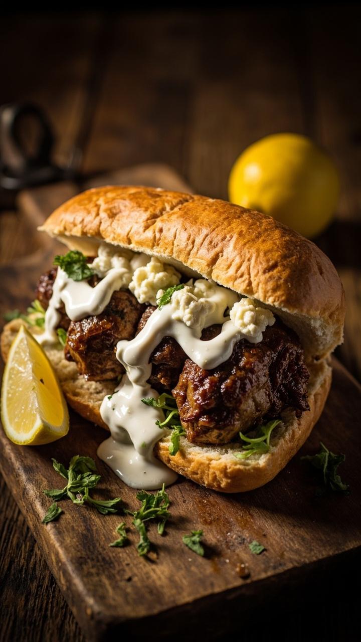 Toasted roll with bronze browned lamb meatballs topped with crumbled white feta and a pale tzatziki drizzle, a wedge of lemon and a few chopped parsley leaves on the board Toasted roll with bronze browned lamb meatballs topped with crumbled white feta and a pale tzatziki drizzle, a wedge of lemon and a few chopped parsley leaves on the board