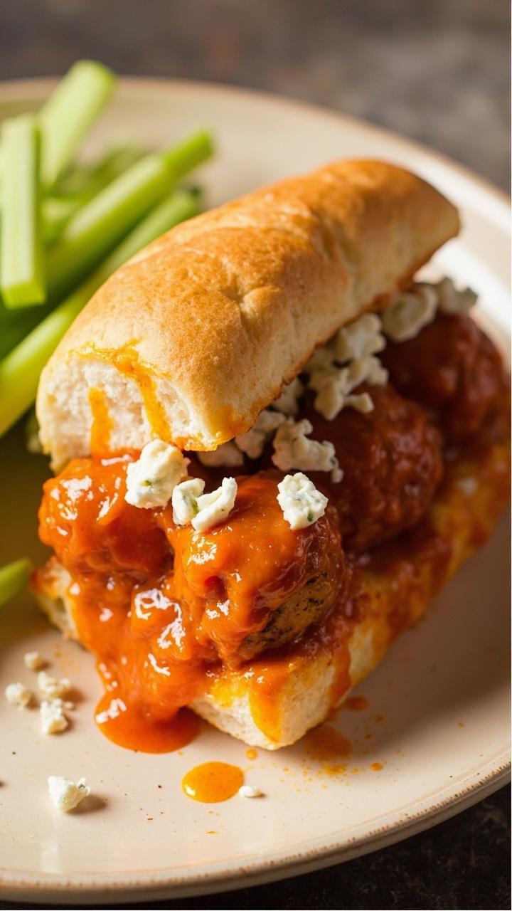Split roll packed with browned chicken meatballs glazed in orange buffalo sauce, crumbled blue cheese on top, celery sticks on the side, served on a pale ceramic plate Split roll packed with browned chicken meatballs glazed in orange buffalo sauce, crumbled blue cheese on top, celery sticks on the side, served on a pale ceramic plate