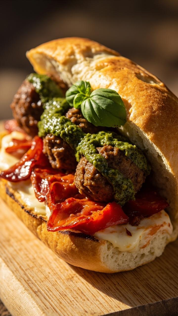 Toasted roll filled with meatballs spooned with green basil pesto and topped with strips of glossy roasted red pepper, a small basil sprig on top, served on a light wooden board Toasted roll filled with meatballs spooned with green basil pesto and topped with strips of glossy roasted red pepper, a small basil sprig on top, served on a light wooden board
