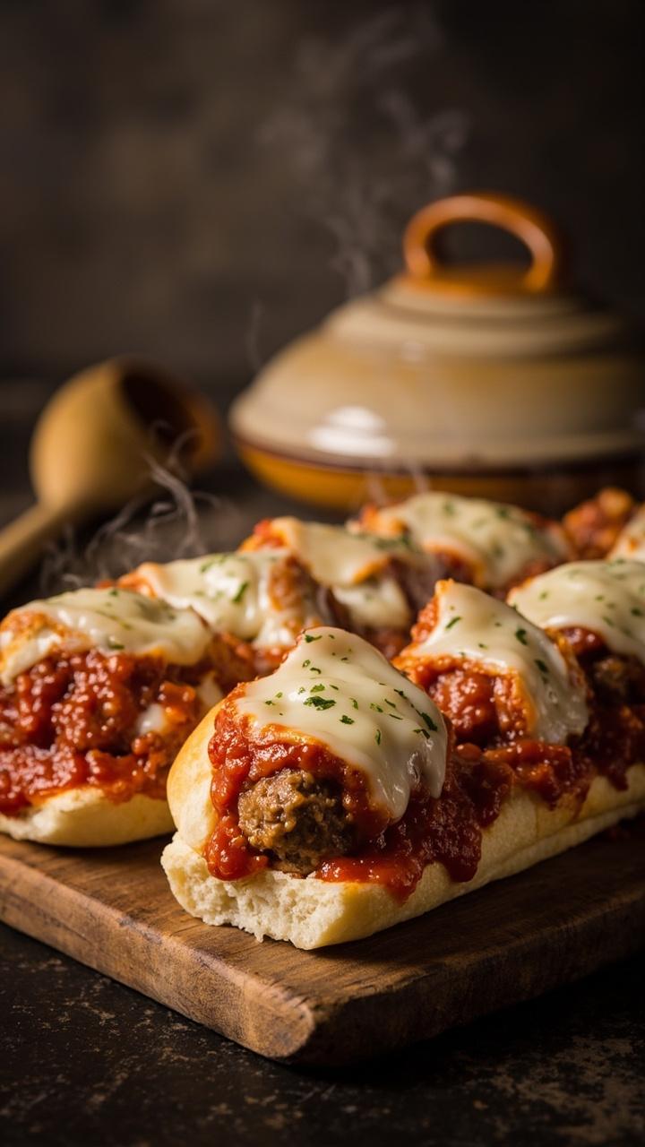 Soft split rolls lined up with saucy meatballs that glisten with thick marinara, melted mozzarella on top, a wooden spoon and rustic crockpot lid in the background, set on a countertop Soft split rolls lined up with saucy meatballs that glisten with thick marinara, melted mozzarella on top, a wooden spoon and rustic crockpot lid in the background, set on a countertop