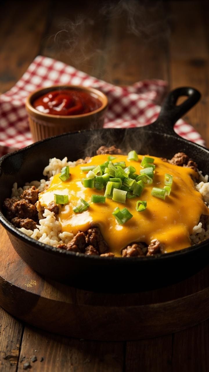 A shallow black skillet on a wooden trivet, golden melted cheddar covering a bed of fluffy white rice mixed with browned beef, scattered bright green chopped scallions on top, a small ramekin of ketchup beside the skillet, a folded checked napkin. A shallow black skillet on a wooden trivet, golden melted cheddar covering a bed of fluffy white rice mixed with browned beef, scattered bright green chopped scallions on top, a small ramekin of ketchup beside the skillet, a folded checked napkin.