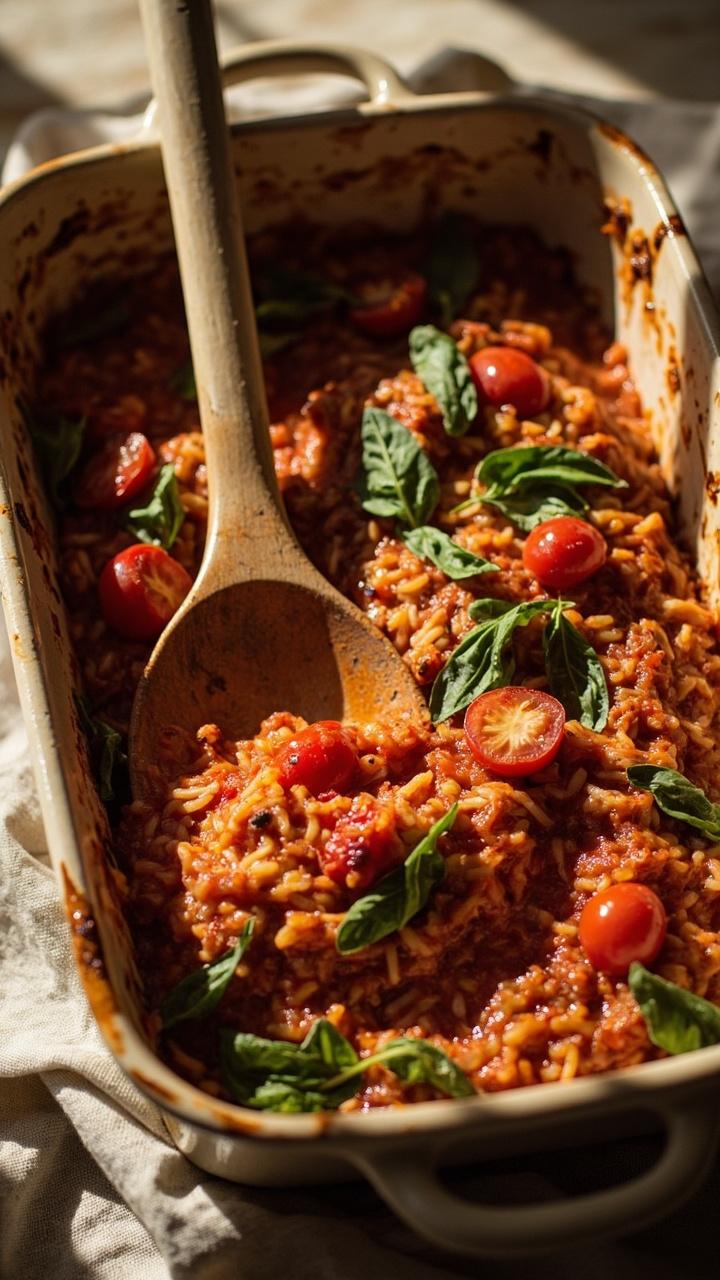 A cream colored baking dish on a kitchen towel, a bubbly tomato and rice casserole with browned edges, a scattering of fresh basil leaves and a few halved cherry tomatoes on top, a large wooden spoon resting in the dish. A cream colored baking dish on a kitchen towel, a bubbly tomato and rice casserole with browned edges, a scattering of fresh basil leaves and a few halved cherry tomatoes on top, a large wooden spoon resting in the dish.