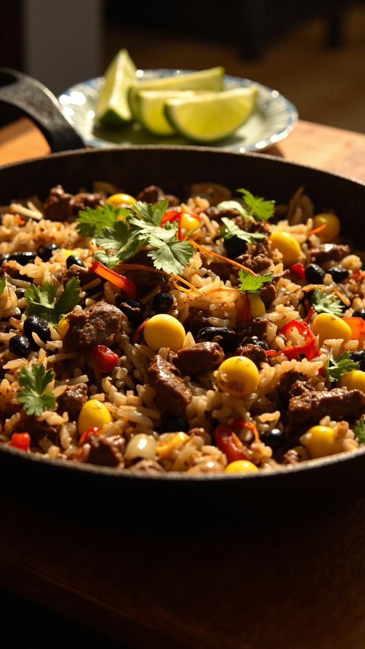 A wide skillet with a colorful mixture of browned beef and fluffy rice, visible yellow corn kernels, black beans, diced red bell pepper, a few cilantro leaves sprinkled on top, lime wedges on a small plate beside the skillet. A wide skillet with a colorful mixture of browned beef and fluffy rice, visible yellow corn kernels, black beans, diced red bell pepper, a few cilantro leaves sprinkled on top, lime wedges on a small plate beside the skillet.