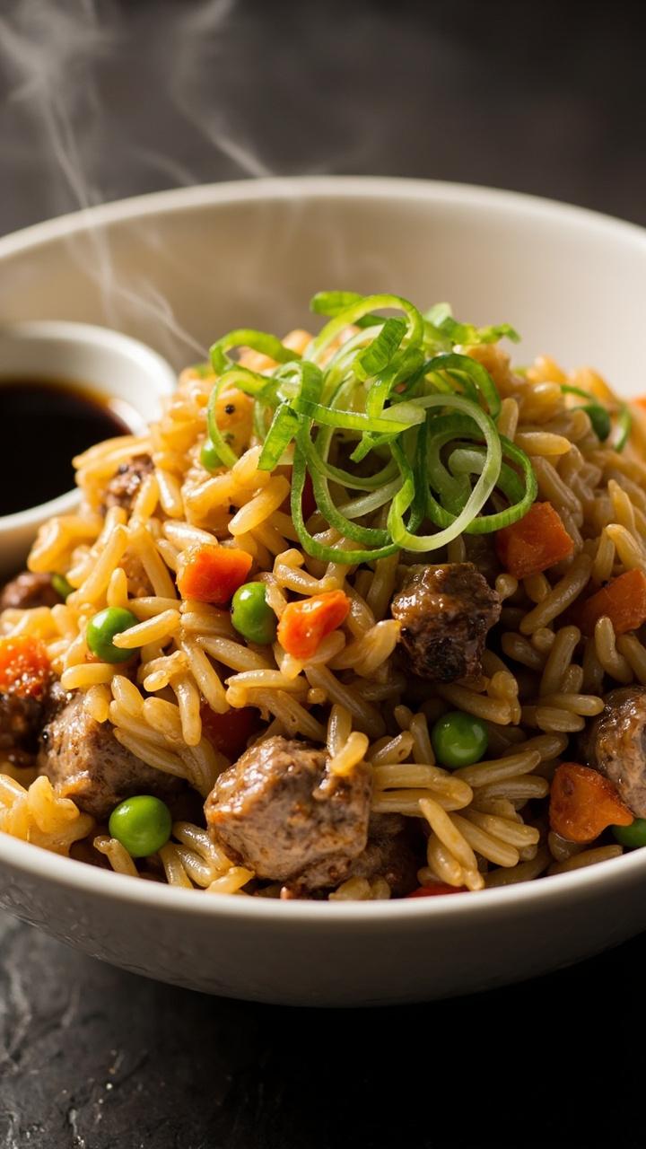 A shallow white bowl filled with glossy golden fried rice, small chunks of caramelized hamburger, bright steamed peas and carrots mixed in, thinly sliced green onion sprinkled on top, a small dish of soy sauce beside the bowl. A shallow white bowl filled with glossy golden fried rice, small chunks of caramelized hamburger, bright steamed peas and carrots mixed in, thinly sliced green onion sprinkled on top, a small dish of soy sauce beside the bowl.