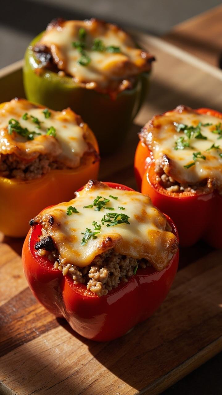 Four halved bell peppers standing upright in a shallow baking dish, each filled with browned beef and rice mixture topped with melted cheese, a light sprinkle of chopped parsley, a rustic wooden cutting board beneath the dish. Four halved bell peppers standing upright in a shallow baking dish, each filled with browned beef and rice mixture topped with melted cheese, a light sprinkle of chopped parsley, a rustic wooden cutting board beneath the dish.