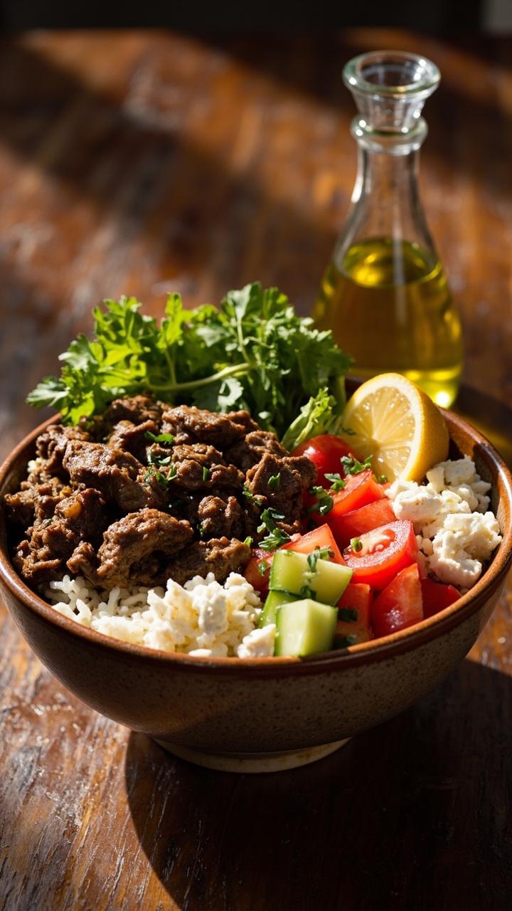 A deep ceramic bowl with a base of fluffy rice, a mound of seasoned browned beef on one side, chopped cucumber and tomato on another, crumbled feta and a lemon wedge at the rim, a small olive oil cruet nearby. A deep ceramic bowl with a base of fluffy rice, a mound of seasoned browned beef on one side, chopped cucumber and tomato on another, crumbled feta and a lemon wedge at the rim, a small olive oil cruet nearby.