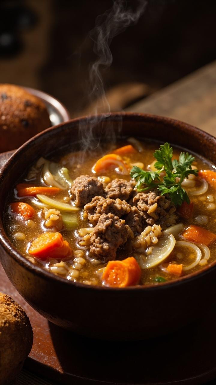 A deep soup bowl filled with steaming broth dotted with brown rice and tender bits of browned hamburger, thin slices of carrot and celery visible, a sprig of fresh parsley on top, a crusty roll on a small plate beside the bowl. A deep soup bowl filled with steaming broth dotted with brown rice and tender bits of browned hamburger, thin slices of carrot and celery visible, a sprig of fresh parsley on top, a crusty roll on a small plate beside the bowl.