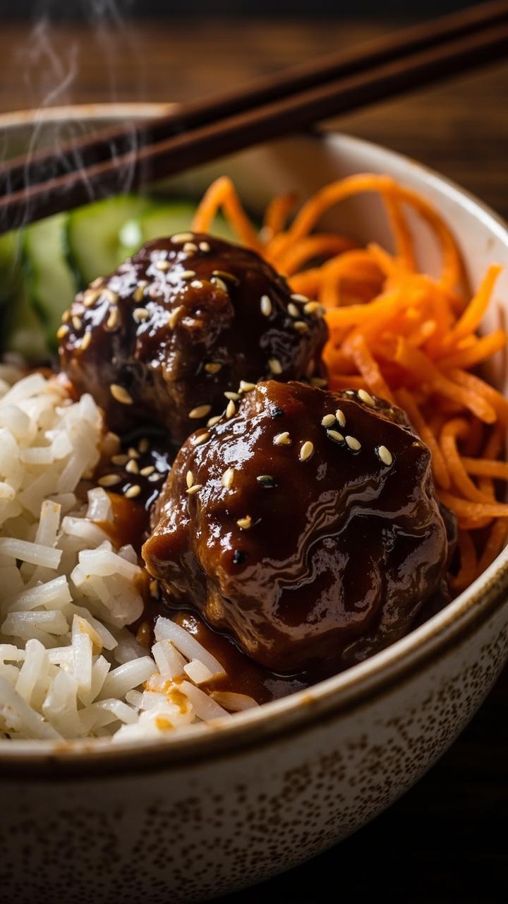 A shallow bowl with steamed white rice topped with glossy teriyaki glazed beef meatballs, thin ribbons of carrot and cucumber, sesame seeds sprinkled on top, a pair of chopsticks leaning on the bowl. A shallow bowl with steamed white rice topped with glossy teriyaki glazed beef meatballs, thin ribbons of carrot and cucumber, sesame seeds sprinkled on top, a pair of chopsticks leaning on the bowl.