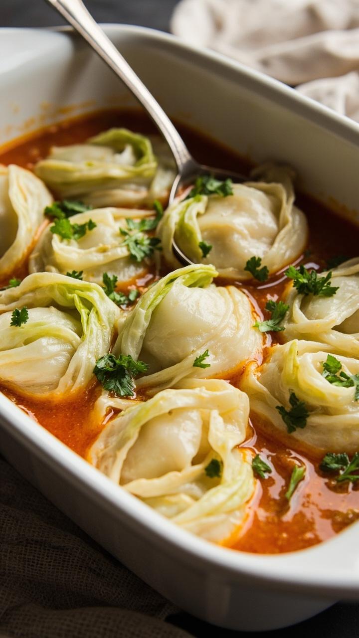 A deep white casserole dish with tightly rolled cabbage parcels sitting in a light tomato broth, a sprinkling of chopped parsley over the rolls, a ladle resting in the dish and a linen napkin folded beside it. A deep white casserole dish with tightly rolled cabbage parcels sitting in a light tomato broth, a sprinkling of chopped parsley over the rolls, a ladle resting in the dish and a linen napkin folded beside it.