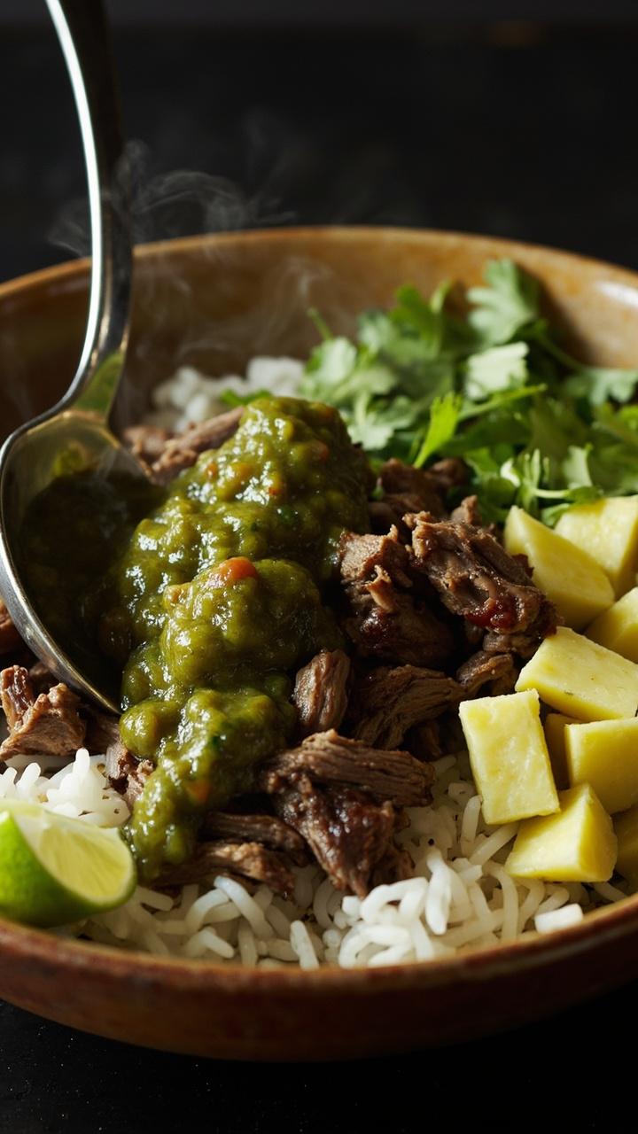 A shallow serving bowl with warm rice topped by seasoned browned beef, a generous spoonful of green salsa over the meat, diced avocado and a few cilantro leaves arranged on the side, a small lime wedge. A shallow serving bowl with warm rice topped by seasoned browned beef, a generous spoonful of green salsa over the meat, diced avocado and a few cilantro leaves arranged on the side, a small lime wedge.