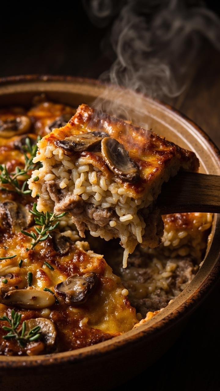 A rustic baking dish with a golden topped rice and beef bake studded with sliced sautéed mushrooms, a few thyme sprigs scattered on top, a wooden spatula lifting a square serving revealing moist rice inside. A rustic baking dish with a golden topped rice and beef bake studded with sliced sautéed mushrooms, a few thyme sprigs scattered on top, a wooden spatula lifting a square serving revealing moist rice inside.