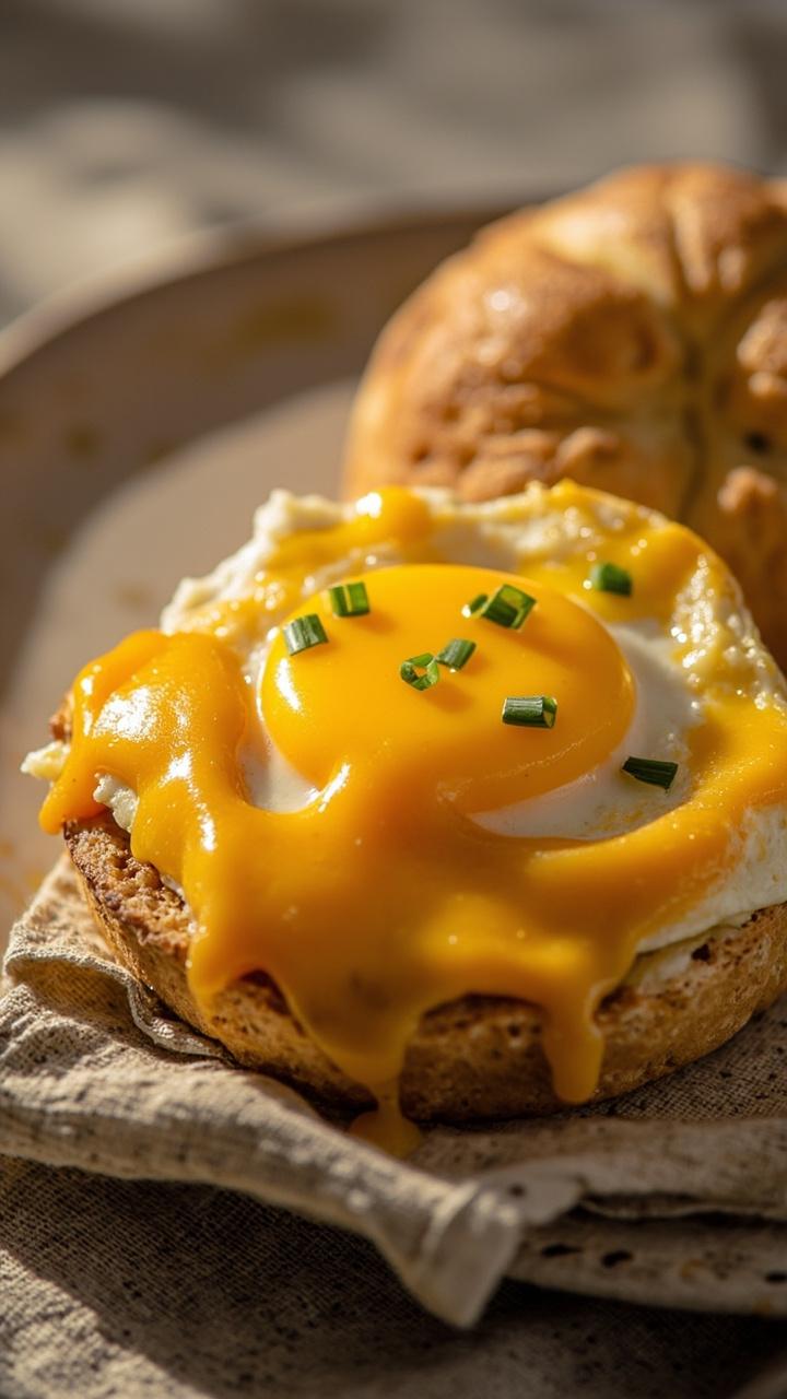 Toasted English muffin halves with melted yellow cheddar hugging a glossy fried egg, buttered edges glistening on a small ceramic plate, a sprig of chives on top, a folded kitchen towel beneath the plate