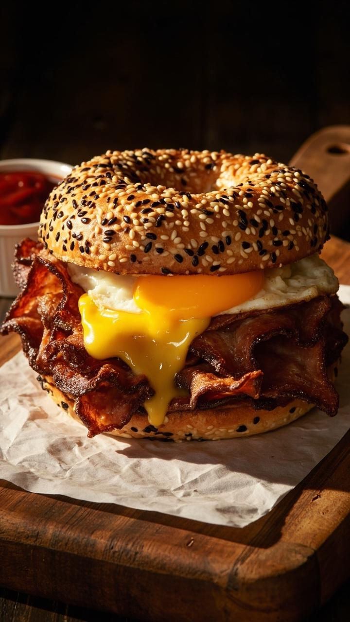 Toasted sesame bagel split and filled with crisp smoked bacon, a fried egg with a slightly soft yolk, melted American cheese, resting on a wooden board with a paper napkin and a small ramekin of ketchup