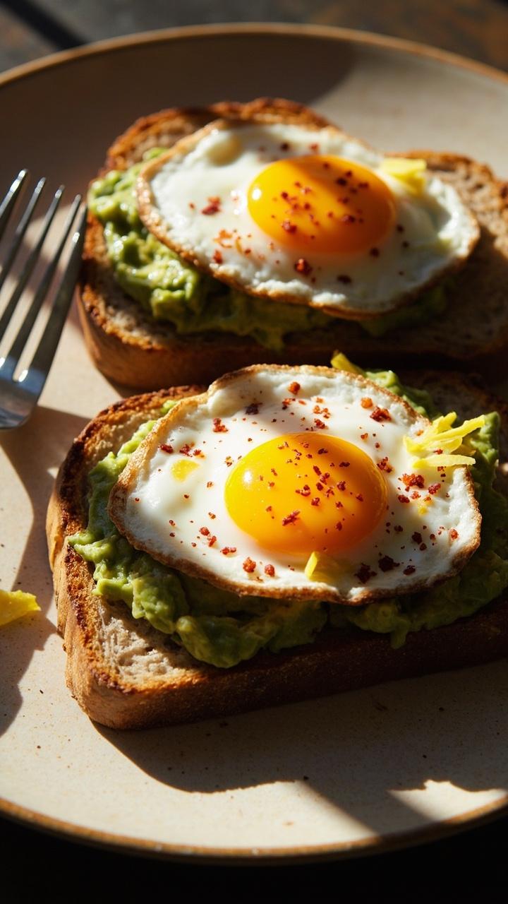 Two thick slices of toasted sourdough topped with mashed avocado, a sunny fried egg per slice, a sprinkle of crushed red pepper flakes and lemon zest, set on a pale ceramic plate with a fork
