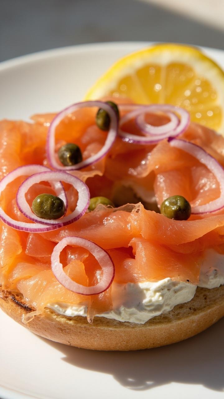 Toasted plain bagel layered with cream cheese, thin slices of smoked salmon folded, a few capers and thinly sliced red onion rings, lemon wedge on the side on a white plate