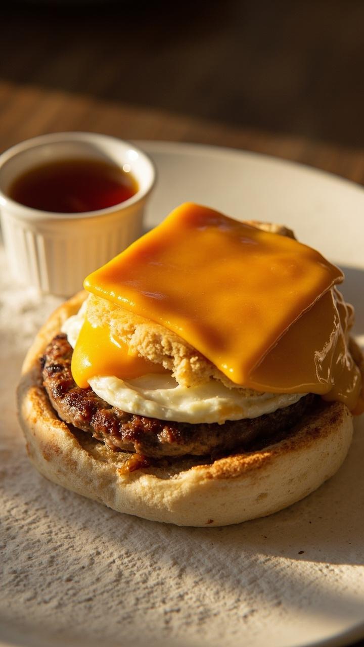 Toasted English muffin with a round sausage patty, a folded cooked egg, a slice of melted cheddar, small dish of maple syrup on the side, napkin under the plate