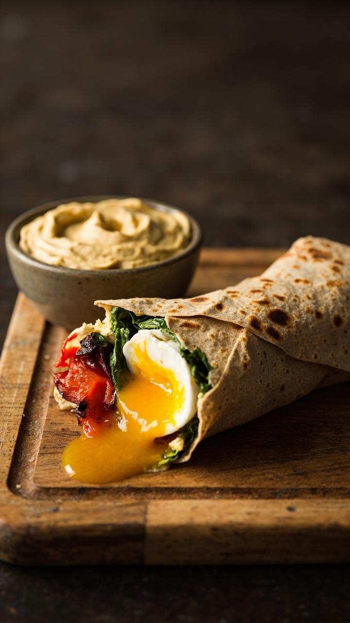 A whole wheat tortilla folded around hummus, roasted red pepper strips, spinach leaves, a soft poached egg visible in the center, cut in half on a wooden board with a small bowl of extra hummus