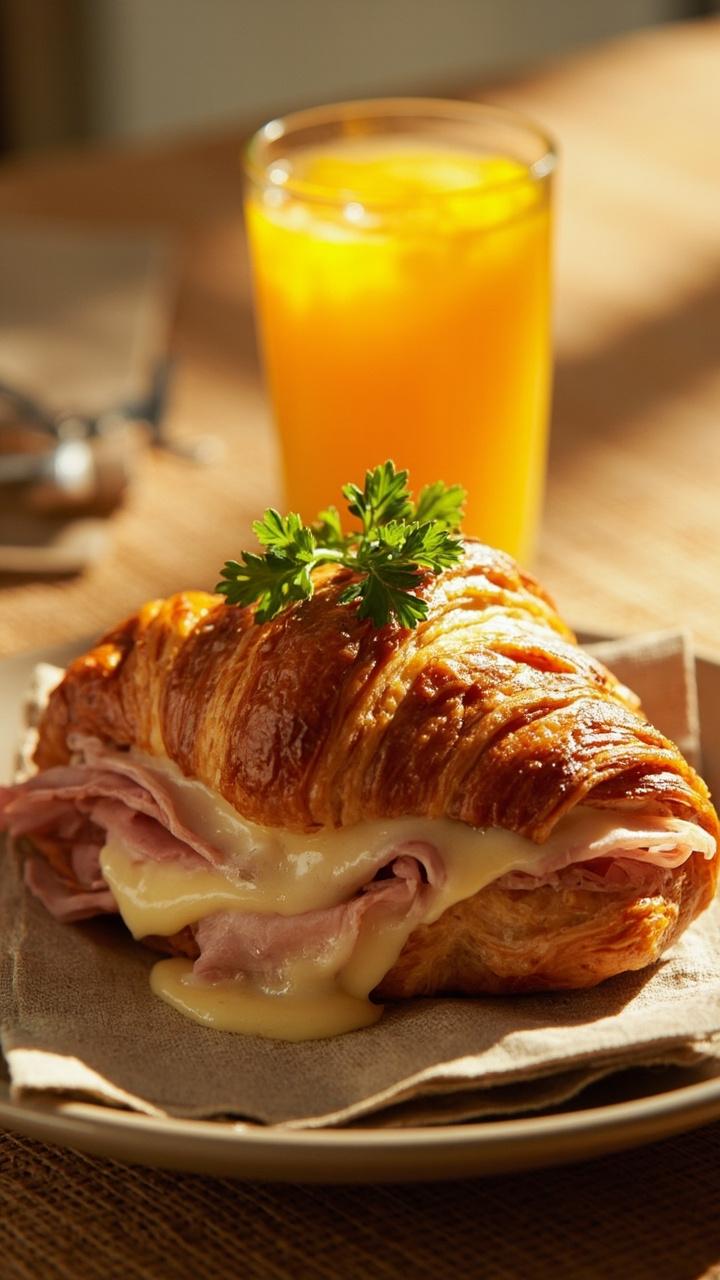 Golden flaky croissant split and filled with folded slices of ham and melted Swiss cheese, small sprig of parsley on top, plate set on a linen napkin next to a glass of orange juice