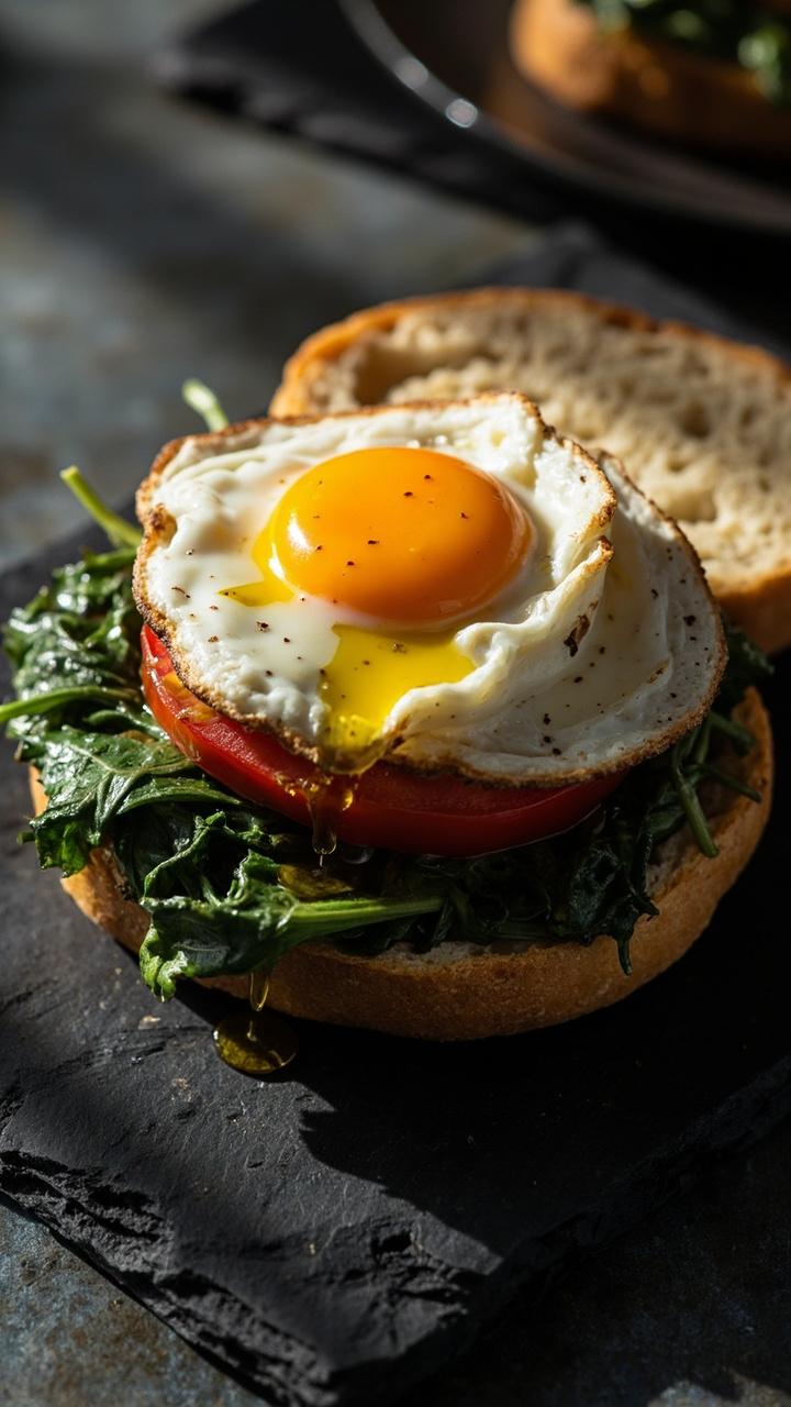 Toasted ciabatta roll open with wilted spinach, thick tomato slice, a fried egg over medium, a light drizzle of olive oil, served on a slate plate