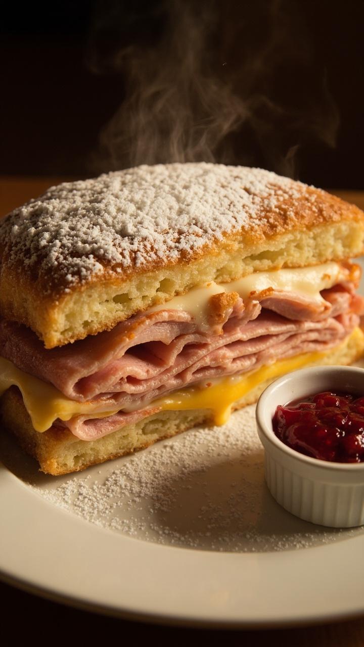 A golden battered sandwich with visible layers of ham and melted Swiss, dusted lightly with powdered sugar and a small ramekin of raspberry jam on the side, served on a white plate