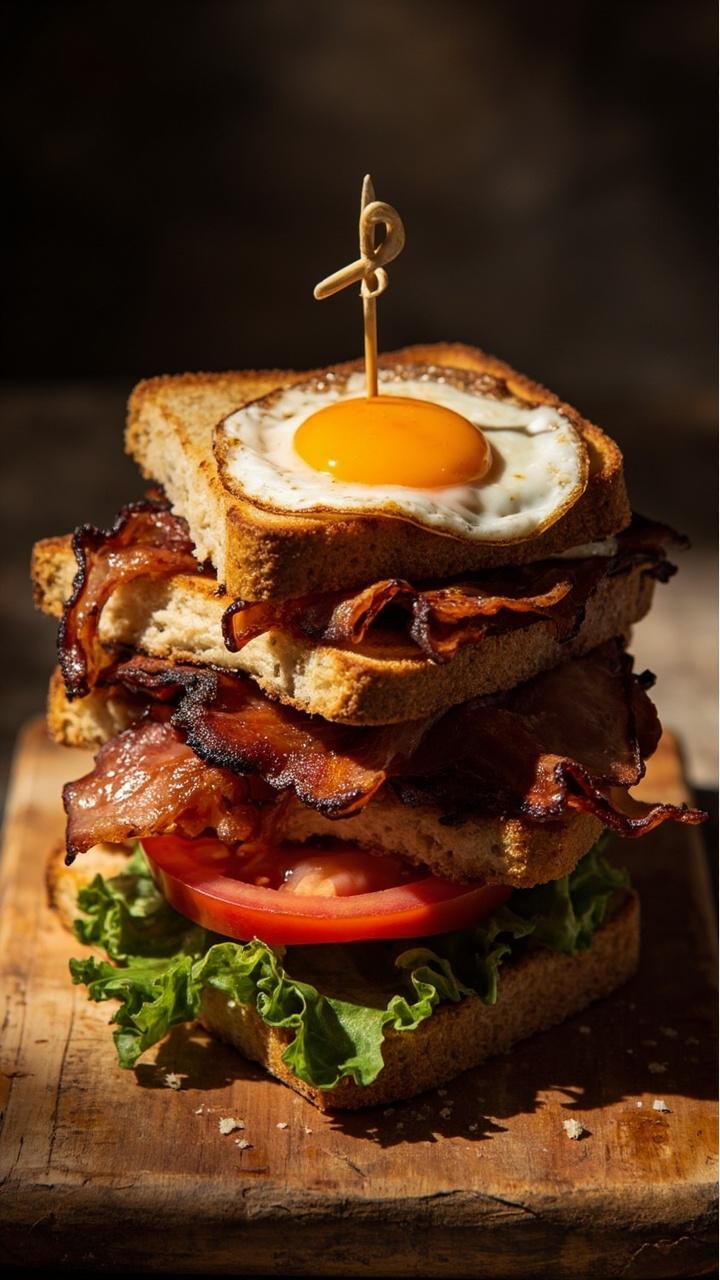 Toasted sourdough bread stacked with crisp bacon, thick tomato slice, green lettuce leaf, a fried egg with a yolk just set, held together with a toothpick on a wooden cutting board