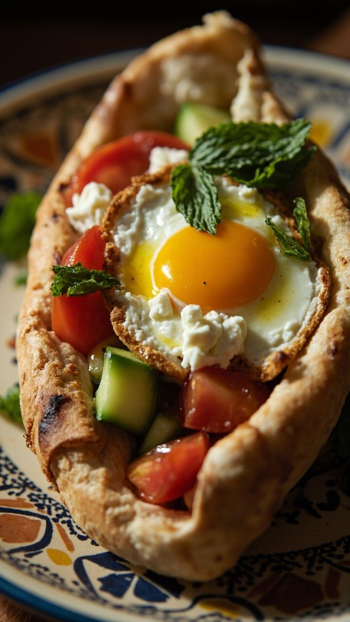 Halved warm pita stuffed with crumbled feta, diced cucumber and tomato, a sliced hard fried egg tucked inside, a drizzle of olive oil and a few mint leaves, served on a patterned plate