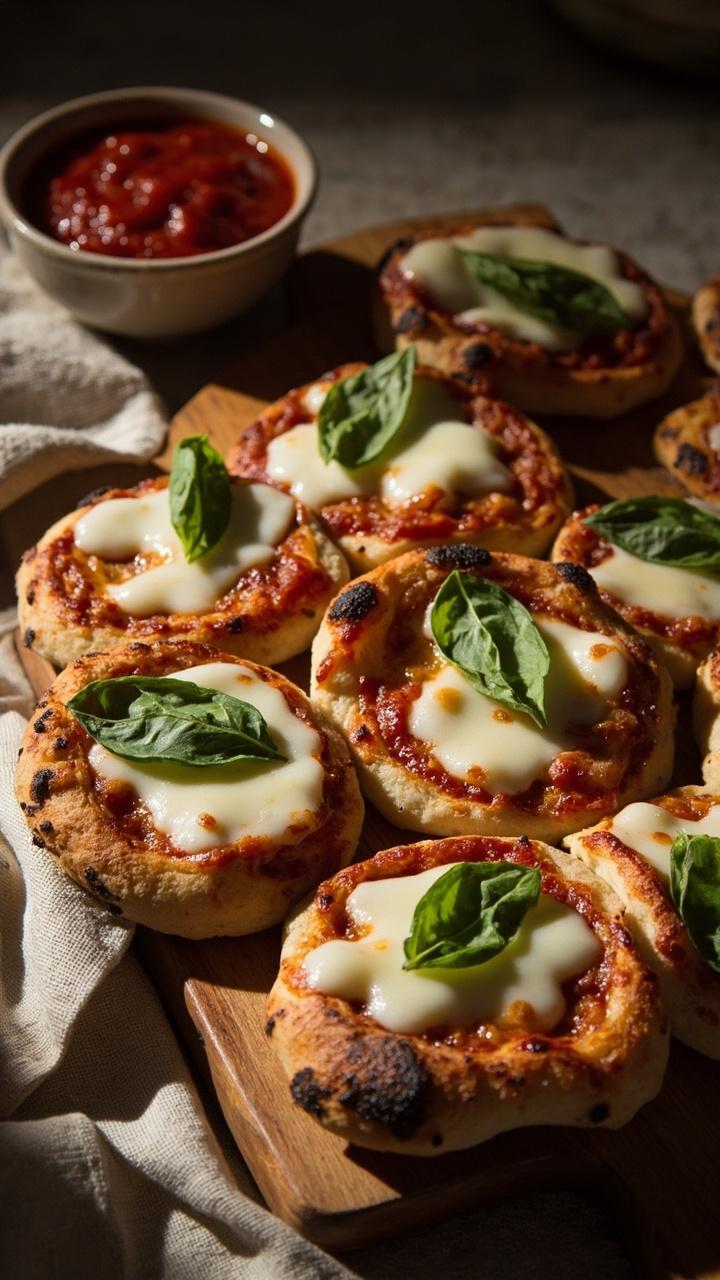 Eight golden mini pizza rounds topped with bubbling white mozzarella and bright green basil leaves arranged on a warm wooden board a small bowl of extra marinara to the side a folded linen napkin soft natural light