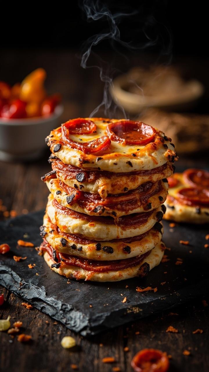 A stack of mini pizzas with browned pepperoni cups melted cheese and slightly charred edges arranged on a dark slate board a small bowl of pickled peppers and a scattering of red pepper flakes