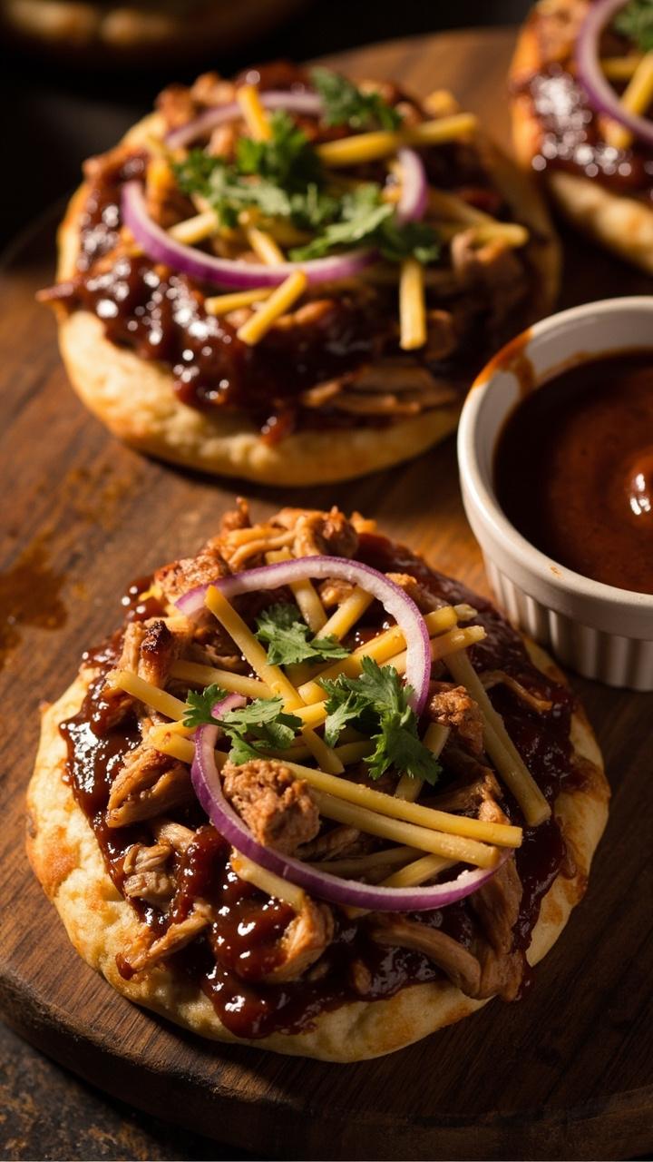 Mini pizzas with glossy dark brown barbecue sauce shredded chicken melted cheddar red onion slices and chopped cilantro on a round wooden board a small ramekin of extra barbecue sauce nearby