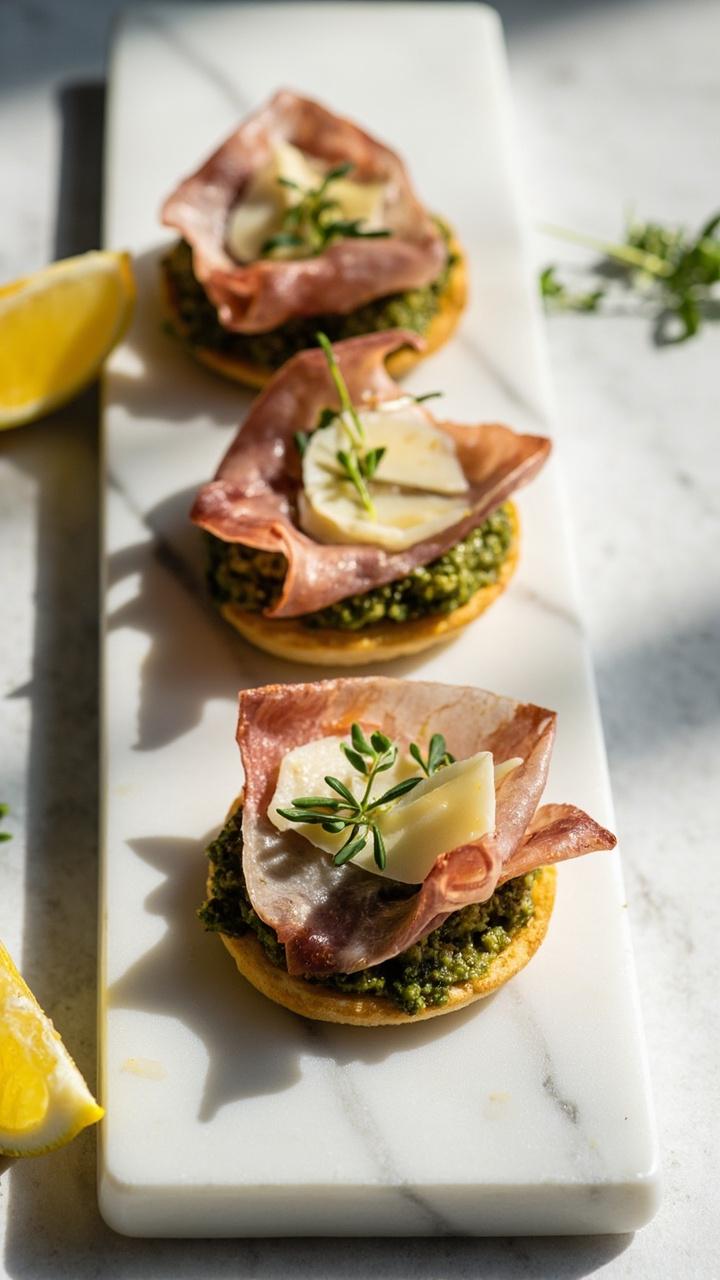 Mini pizzas with vibrant green pesto a thin slice of prosciutto folded on top shavings of Parmesan and a few microgreens on a white marble board lemon wedge at the edge