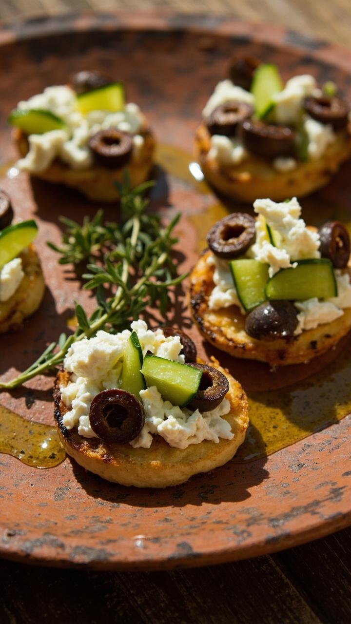Mini pizzas topped with crumbled white feta slices of kalamata olives chopped cucumber and a drizzle of olive oil served on a rustic terracotta plate a sprig of oregano nearby