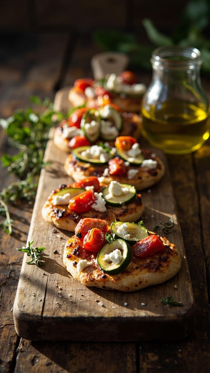 Mini pizzas with roasted cherry tomatoes thin zucchini ribbons crumbled goat cheese and a sprinkle of fresh thyme on a long wooden board a small jar of olive oil