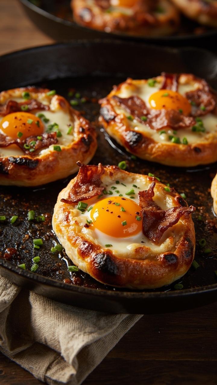Mini pizzas topped with a sunny baked quail egg or small fried egg crispy bacon pieces and chives on a cast iron skillet a cloth napkin folded nearby