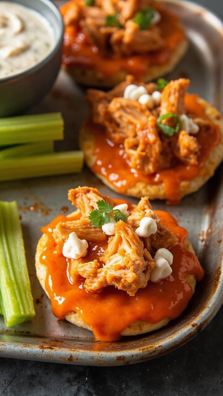 Mini pizzas glazed with orange buffalo sauce shredded chicken crumbled blue cheese and thin celery sticks tucked at the side served on a metal tray with a small bowl of ranch dressing