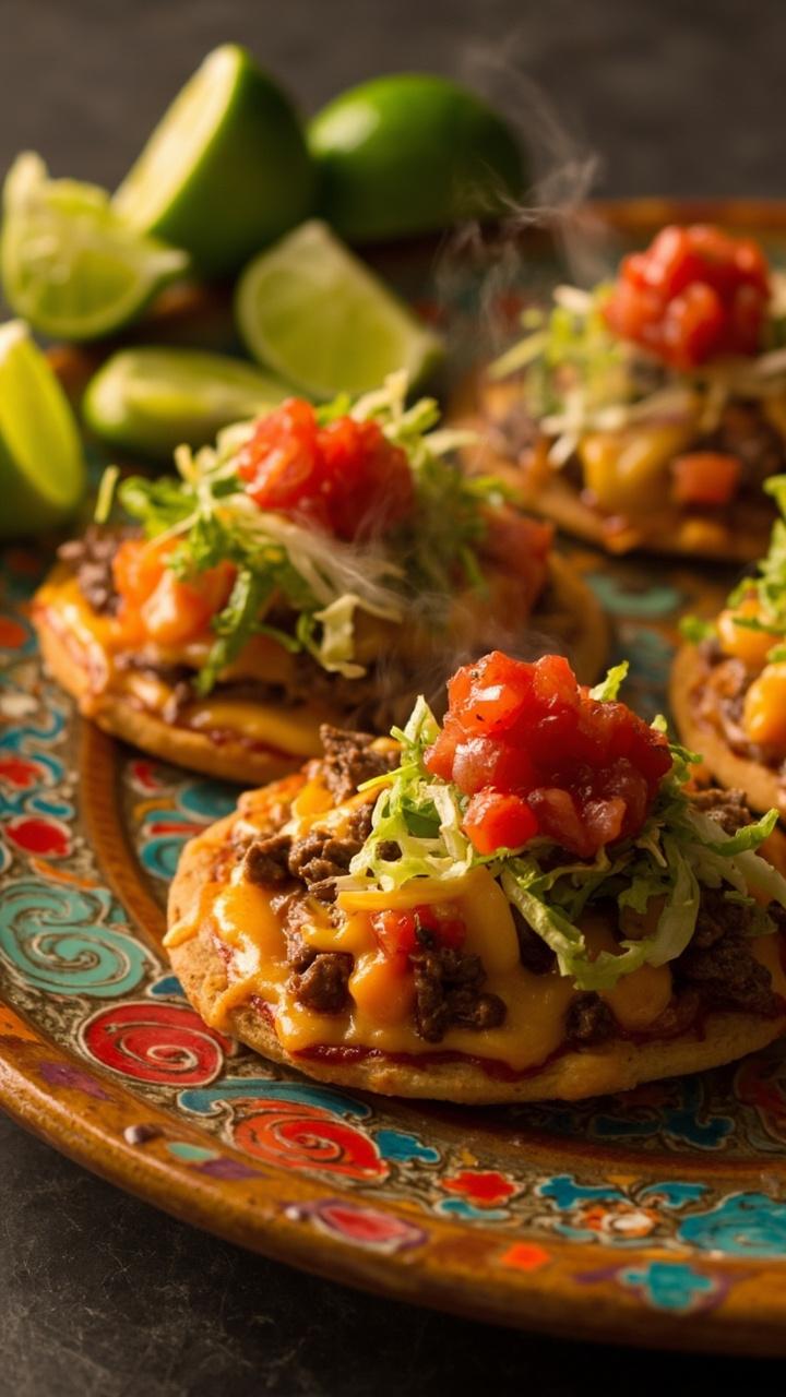 Mini pizzas with browned seasoned beef melted cheddar diced tomatoes shredded lettuce and a dollop of salsa on each one served on a colorful ceramic platter lime wedges at the corner