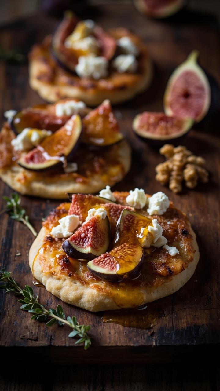 Mini pizzas topped with sliced fresh figs crumbled goat cheese a thin drizzle of honey and a few crushed walnuts on a dark wood board a sprig of thyme nearby