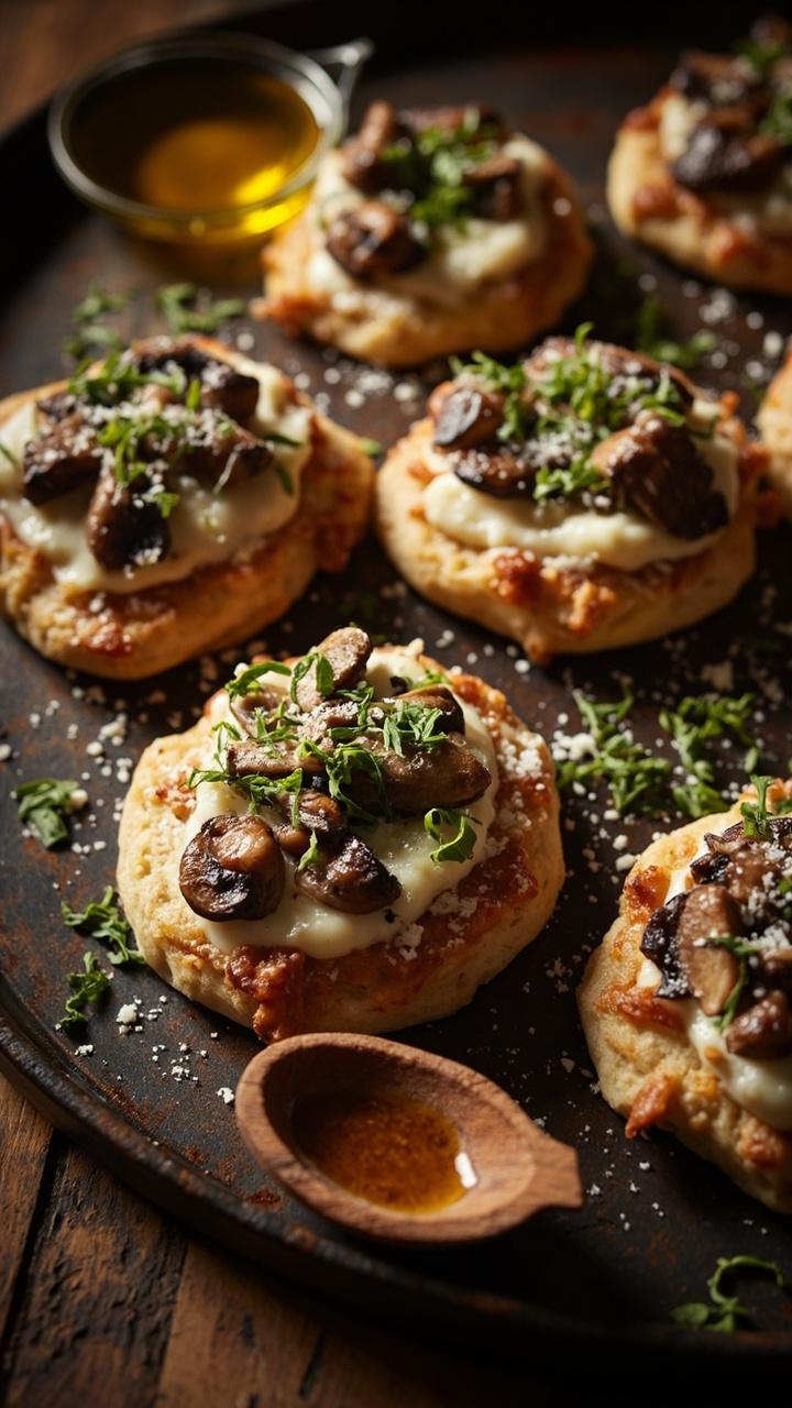 Mini pizzas with a creamy white garlic sauce sautéed golden mushrooms fresh parsley and grated Parmesan on a round baking tray a small wooden spoon with olive oil at the side