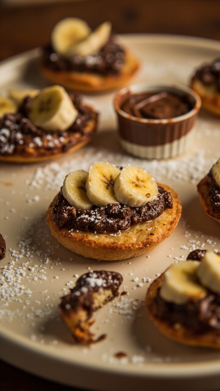 Mini pizzas with a glossy spread of Nutella slices of banana and a light dusting of powdered sugar arranged on a round dessert plate a small ramekin of extra Nutella nearby