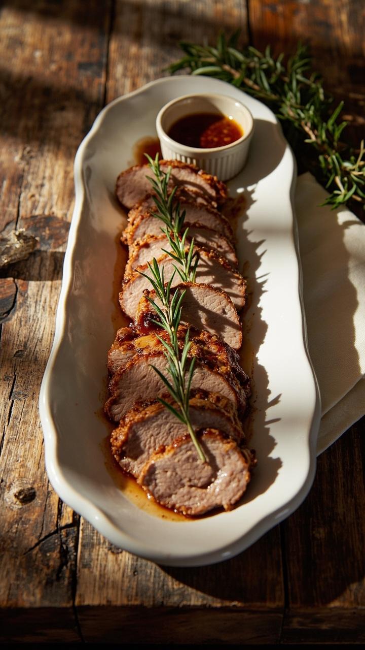 Sliced golden pork tenderloin arranged on a white oval platter, sprigs of fresh rosemary and thyme tucked between slices, small ramekin of pan juices beside the platter, rustic wooden table and a linen napkin.