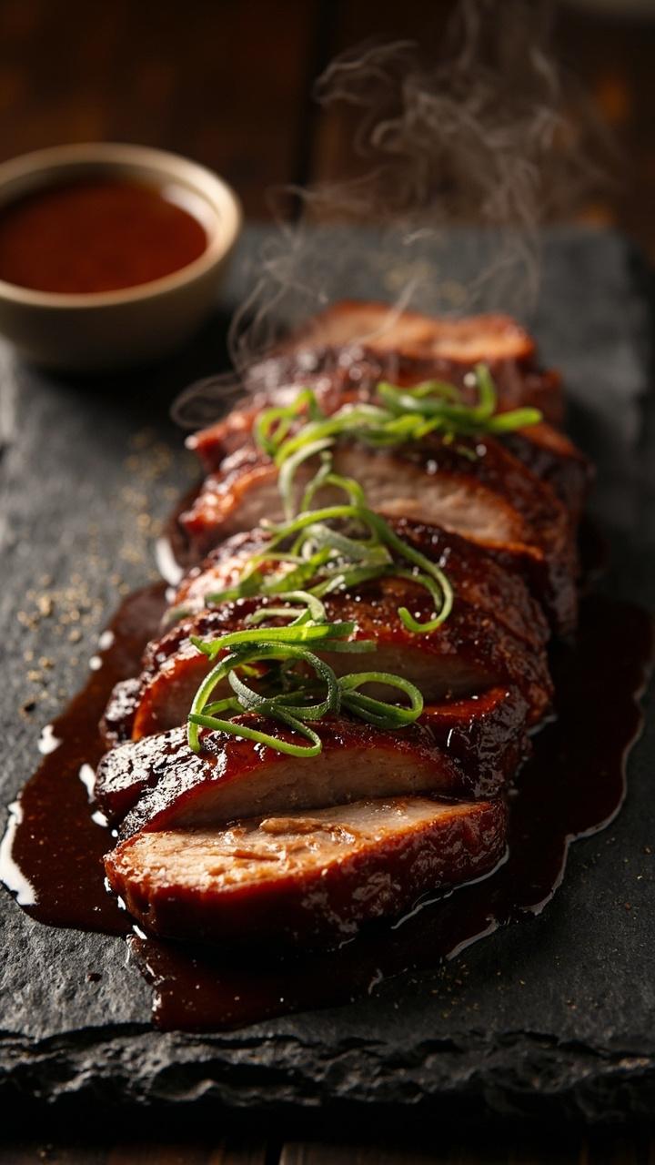 Thick slices of glazed pork arranged on a slate plate, glossy dark brown sauce pooled around the base, thinly sliced green onions sprinkled on top, small bowl of extra glaze to the side.