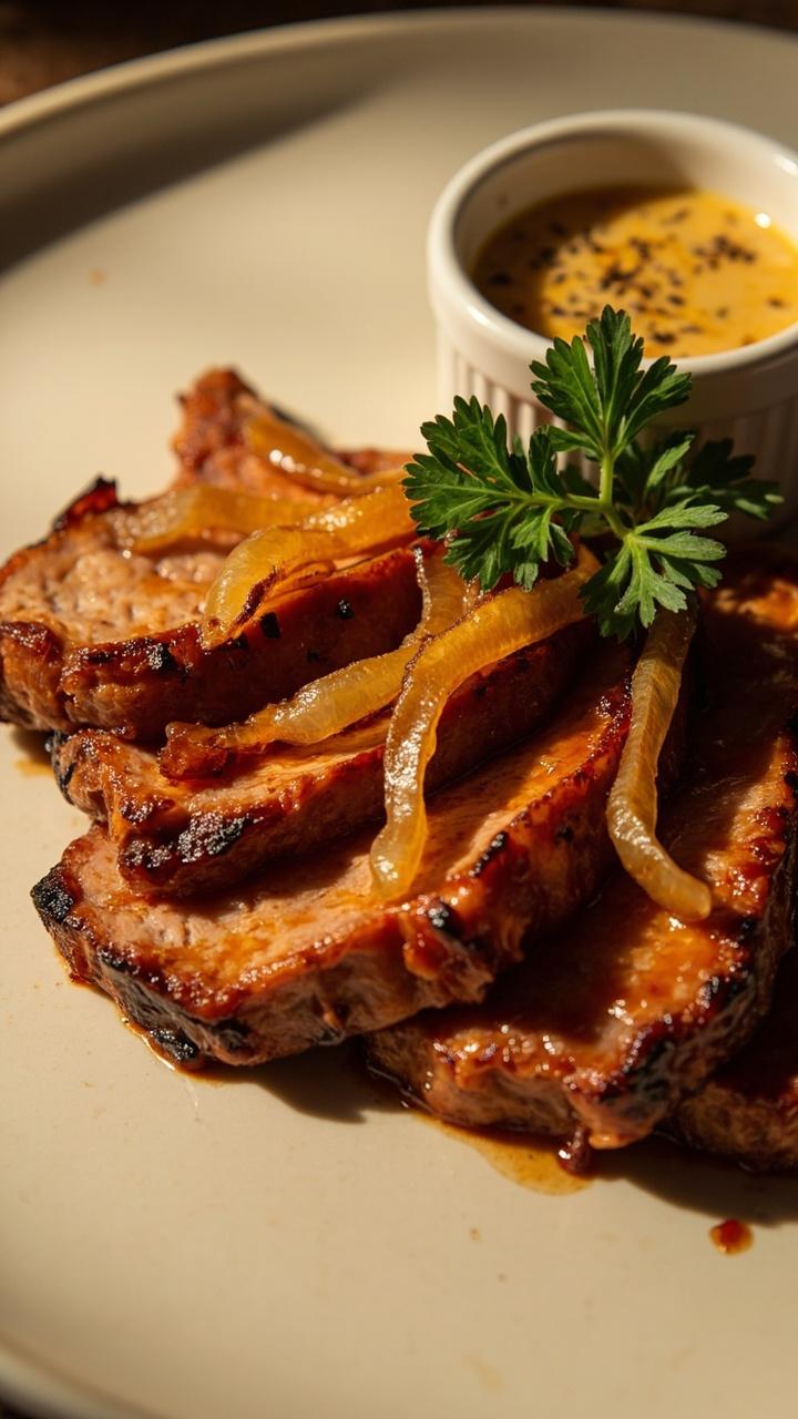 Caramel colored pork slices fanned on a cream colored plate, thin ribbons of caramelized onions on top, a small dish of extra maple Dijon sauce at one side, a sprig of parsley for color.