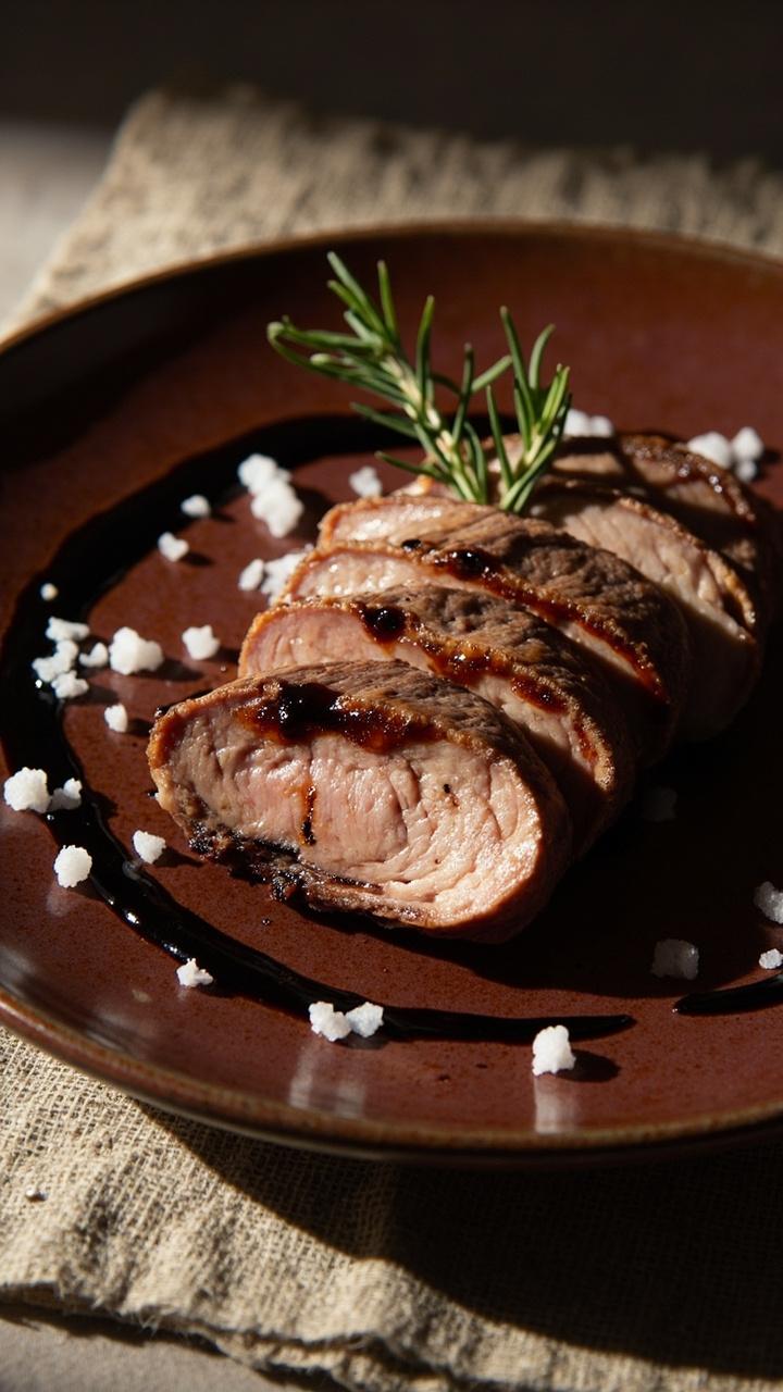 Slices of pork with a deep mahogany glaze on a round ceramic plate, a drizzle of balsamic sauce, scattered coarse sea salt and a small rosemary sprig, a linen placemat beneath.