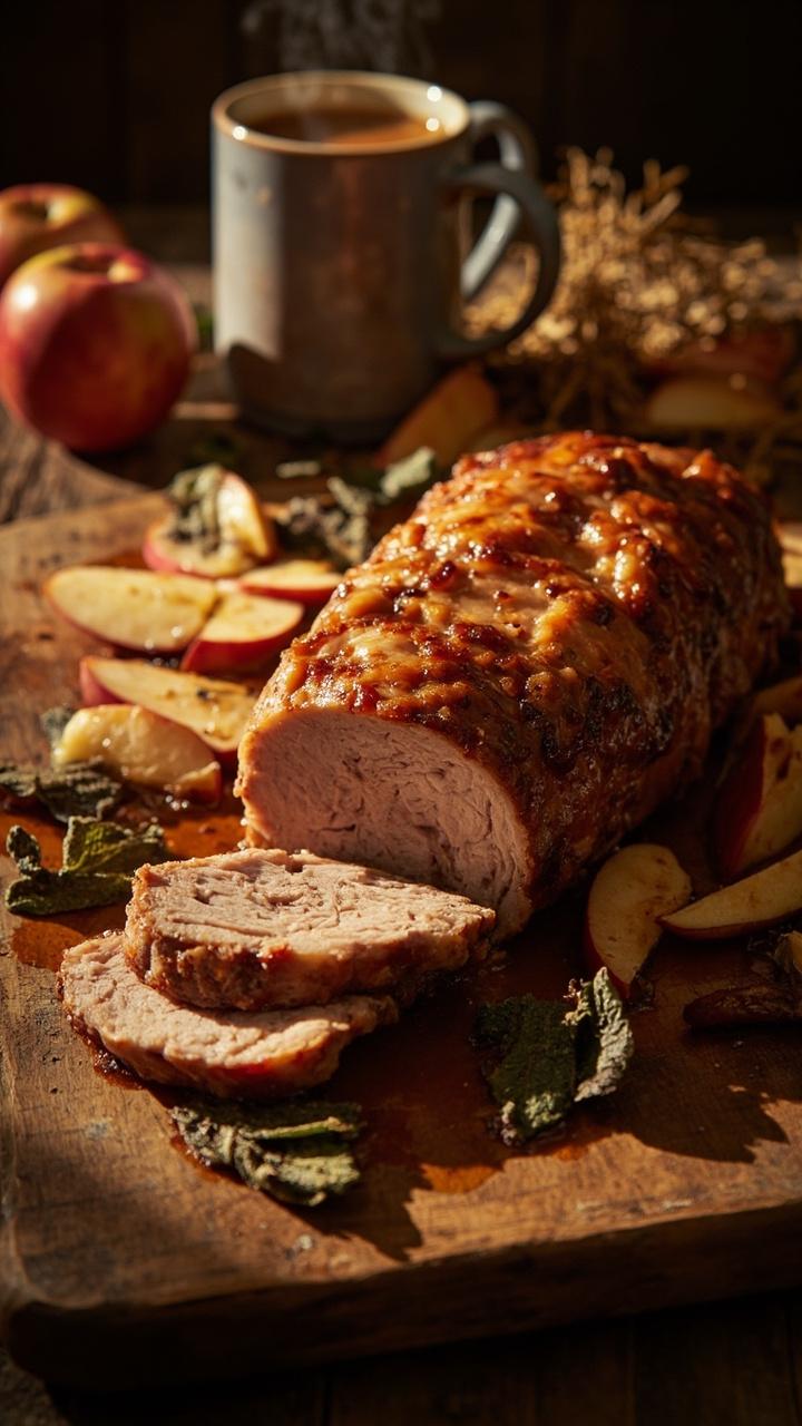 Sliced pork with a light amber cider glaze on a wooden cutting board, thin apple slices and fried sage leaves scattered around, warm golden light and a mug of apple cider nearby.